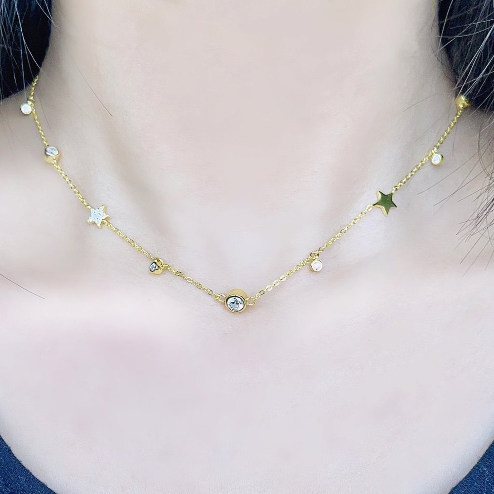 NEW 18K Gold Plated, 925 Silver Bead Station Necklace Star Stars cubic zirconia